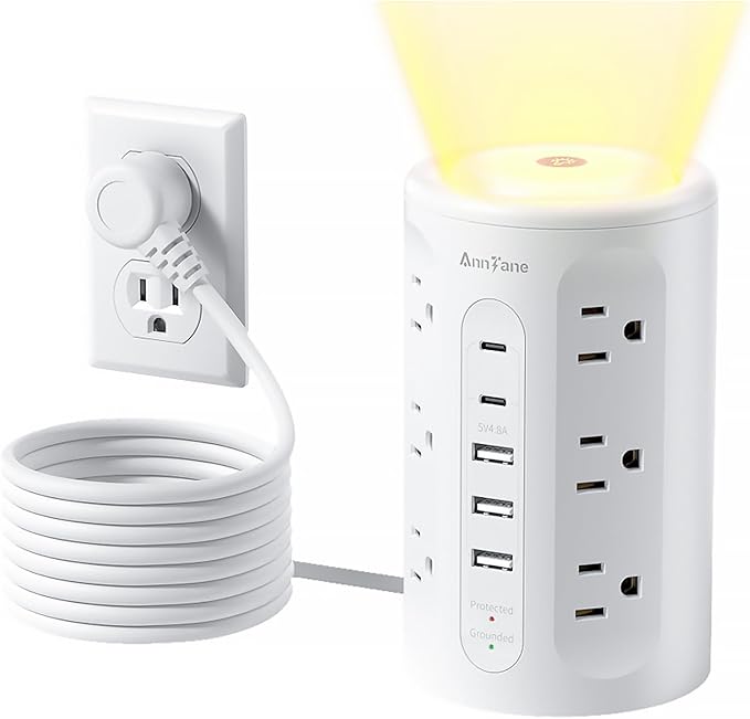 AnnTane Power Strip Tower with Night Light, 15W Surge Protector Power Strip with USB Ports, 10 FT Extension Cord with Multiple Outlets (12AC+3A+2C) for Home Office Desk DormRoom (White)