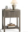 Night Stand Set 1, Fluted Wood Bedside Table w/Socket Station by Lulive