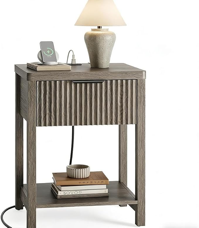 Night Stand Set 1, Fluted Wood Bedside Table w/Socket Station by Lulive