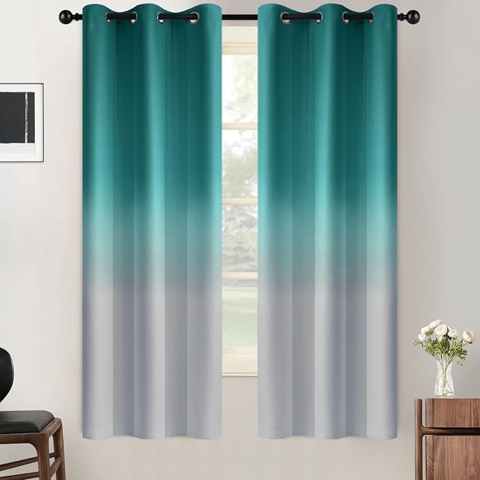 SimpleHome Teal to Grey White Ombre Room Darkening Curtains 63 Inch | Curtains by SimpleHome