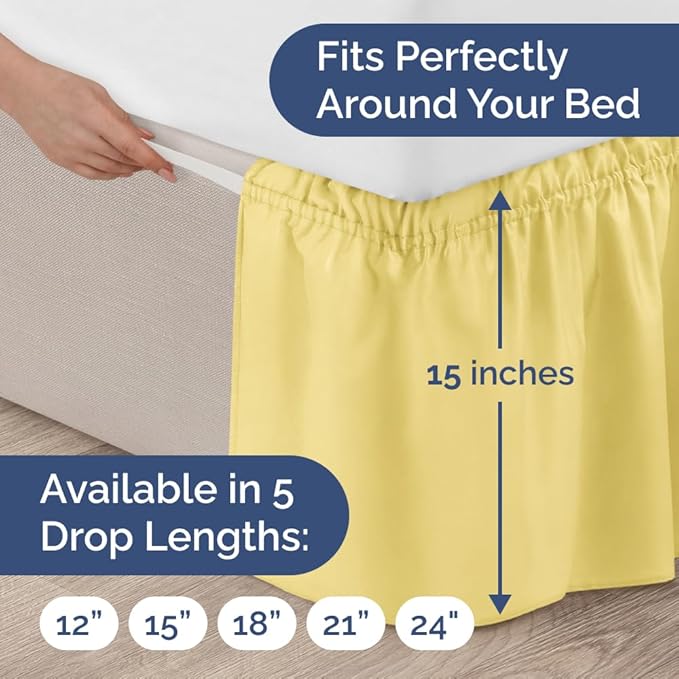 Wrap Around Dust Ruffle Bed Skirt - Yellow - for Queen Size Beds with 18 Inch Drop - Easy Fit Elastic Strap - Adjustable Pleated Bedskirt w/Brushed Fabric Wrinkle Free - for Women, Men, Kids & Teens
