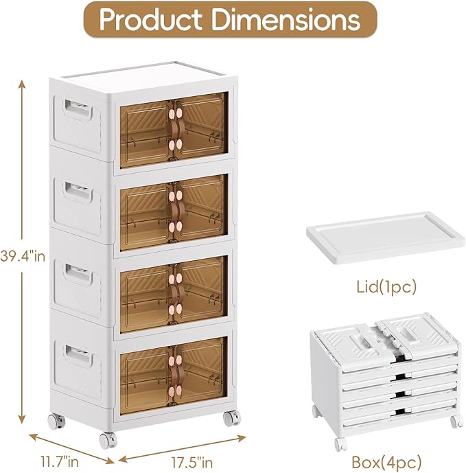 JEKO&JEKO 140Qt Stackable Storage Bins with Lids and Wheels, Foldable Collapsible Plastic Drawer Boxes for Clothes, Home, White, 4 Pack