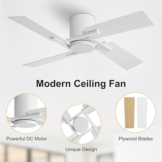 WINGBO 48 Inch Flush Mount Ceiling Fan without Light - 4 Plywood Blades, 6-Speed Reversible DC Motor, Noiseless Low Profile Ceiling Fan No Light for Bedroom Living Room, White and Oak/White