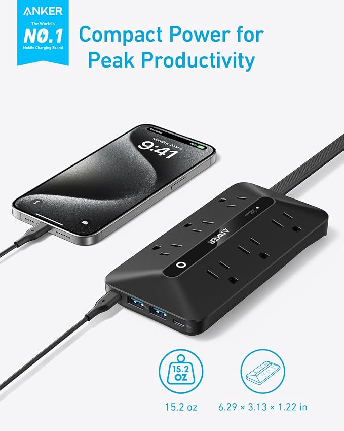 Anker Power Strip with 300J Surge Protector, 5ft Outlet Extender, 6AC | Flat - Image 2