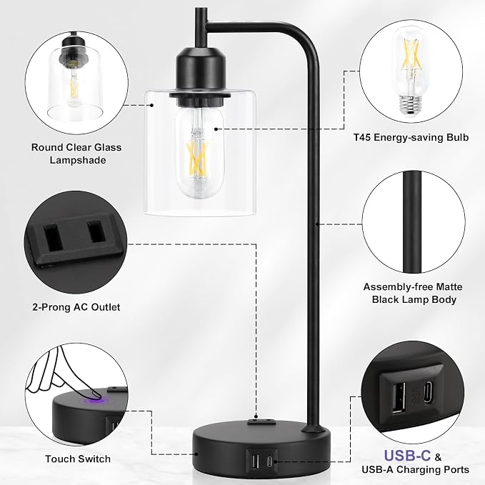 Industrial Touch Lamps for Nightstand Set of 2, 3-Way Dimmable Bedside Lamp | - Image 7