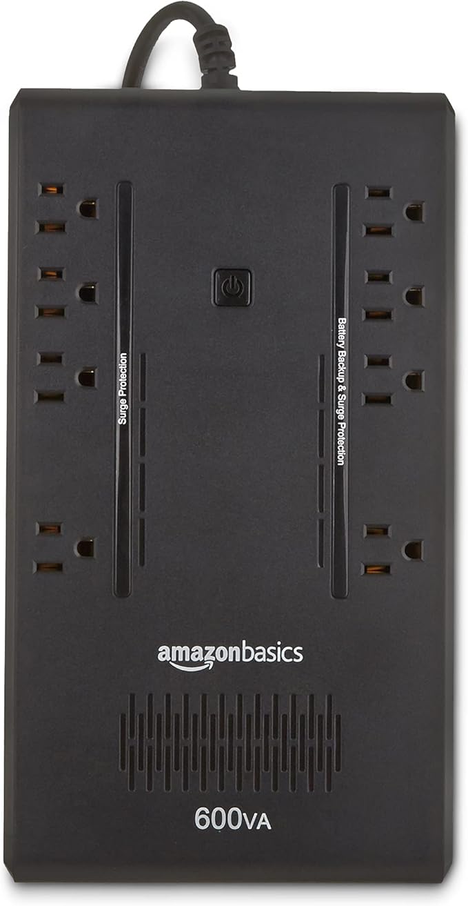 Amazon Basics UPS Battery Backup & Surge Protector 600VA/360W, 8 Outlets, Standby Uninterruptible Power Supply, for Power Outage Protection, Compact, Black