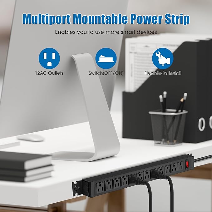 HHSOET 2 Pack Rotating Mountable Power Strip, 12 Outlet Wall Mount Surge Protector, Metal Heavy Duty and Versatile Outlet Strip, Stylish Appearance, Sturdy and Durable, 3ft Power Cord.(Black)
