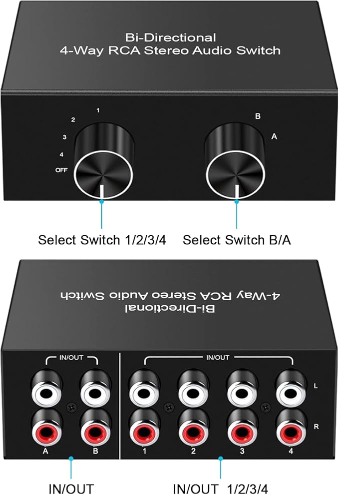 4-Way Stereo Audio Switcher, Bi-Directional Audio Selector Box for Blu-ray Players or DVD Players Active Speakers (2In-4Out/4In-2Out)