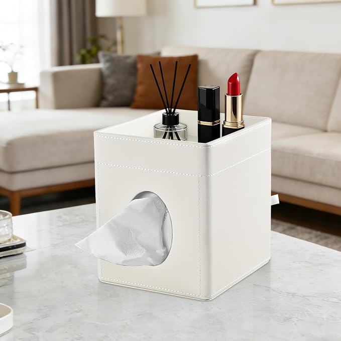 Tissue Box Cover with Storage Tray Square Tissue Box Holder PU Leather Facial - Image 7