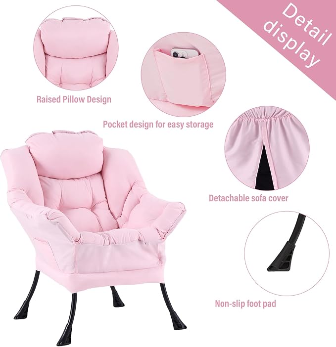 Welnow Lazy Chair with Ottoman, Reading Chair with Footrest，Pink | A Side Pocket - Image 6