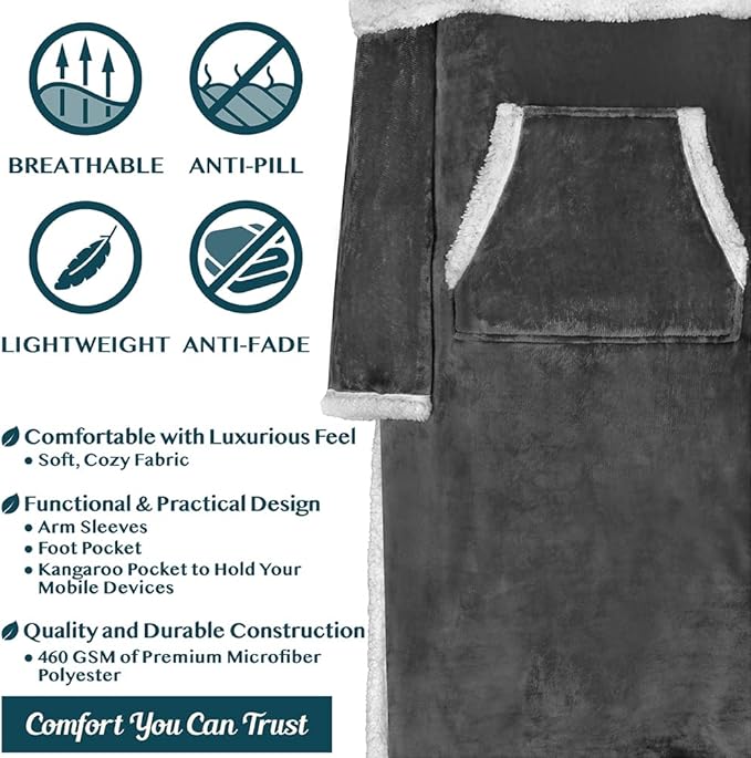 PAVILIA Sherpa Blanket with Sleeves, Foot Pocket for Women Men Adults, Thick Wearable Blanket Throw Wrap, Fleece Warm Snuggle Blanket Robe, Cozy Gift Ideas Wife Mom, Dark Gray