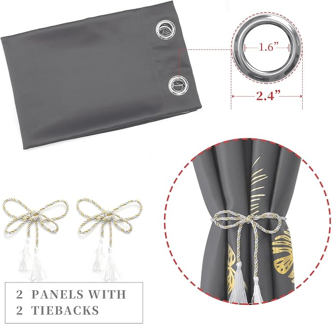 Dark Grey Blackout Curtains 63 inch Length 2 Panels, Wheat and Palm Tree - Image 4