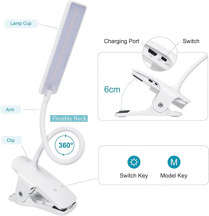 LED Reading Light with Clip USB Rechargeable Book Lights, Eye Protection 24 - Image 3