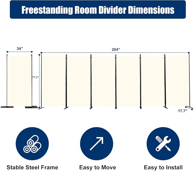 Room Divider 6 Panel-204''Wide, 6FT Room Dividers and Folding Privacy Screen | - Image 6