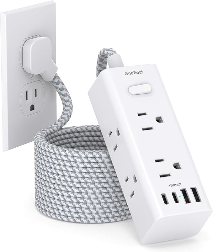 Flat Plug Extension Cord 20Ft, One Beat 900J Surge Protector Power Strip 20 Ft by OneBeat