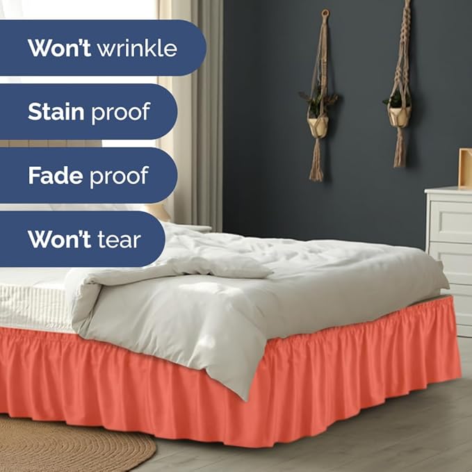 Wrap Around Dust Ruffle Bed Skirt - Coral - Twin/Twin XL Size Beds with 21 Inch Drop - Easy Fit Elastic Strap - Adjustable Pleated Bedskirt w/Brushed Fabric - Wrinkle Free - Women, Men, Kids & Teens