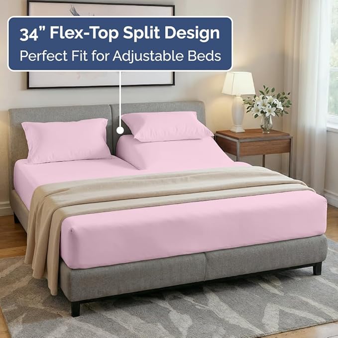 Split Head King Sheet Set – 4 Piece Flex Split Top King Sheets for Adjustable Beds - Fits 14” to 16" Mattress w/ Deep Pockets - Soft, Breathable & Cooling - Luxury Bedding & Wrinkle Free - Light Pink