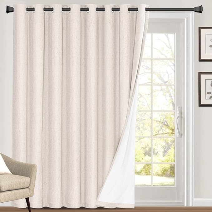 PrinceDeco Linen Blackout Curtains 108 Inch Blackout Curtains 100% Black Out Curtains Linen Look Patio Door Curtains for Sliding Glass Doors Extra Wide Thermal Insulated Drapes,W100 X L108 Inch, Ivory