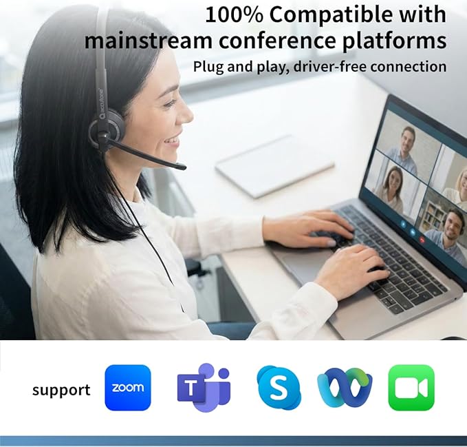 Accutone Conversation 95 Wired Office USB Headset with Environmental Noise Cancelling Microphone & wideband Audio Output, Black