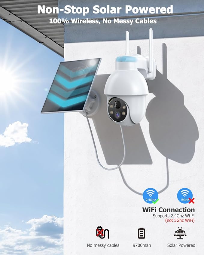 Rebluum Security Camera Wireless Outdoor, 2K Solar Security Camera,Battery Powered 360°PTZ Outdoor Camera,Color Night Vision,2-Way Audio,PIR Motion Detection,Compatible with Alexa