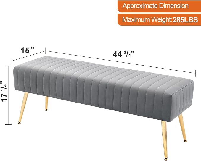 44 Inch Bedroom Benches, Upholstered Tufted Striped Fabric Ottoman Bench - Image 3