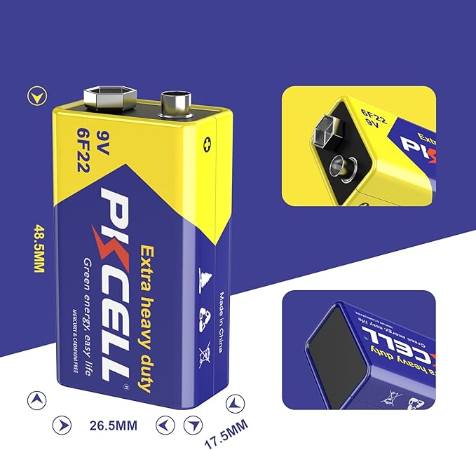 PKCELL 9V Batteries, 16 Pack 9 Volt Batteries Carbon Zinc, 9V Battery for Smoke Detector, Alarms, 6F22 Square Battery