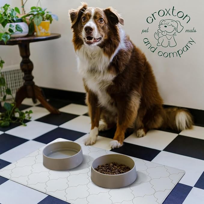 CROXTON & CO. Non-Slip Faux Leather Pet Feeding Mat for Dog Bowls | Large Bowl Mat for Food and Water | Durable, Easy-to-Clean Pet Food Mat for Floors | Size: 16.5"x18"