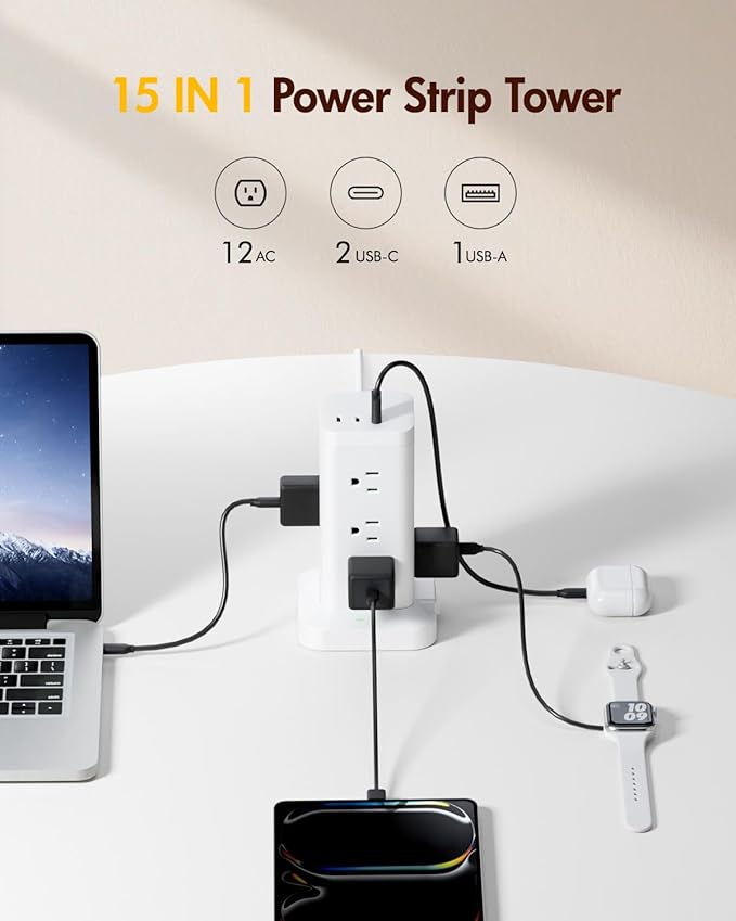 Power Strip Tower with Surge Protector 1800J, Fast Charging Tower PD20W USB-C - Image 3