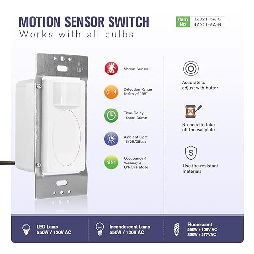 RAYZEEK Motion Sensor Switch with 3 in 1 Occupancy Sensor Switch/Vacancy Sensor Switch/Manual On-Off Switch,PIR Motion Sensor Light Switch,PC Fireproof(5A, Ground Wire Version)
