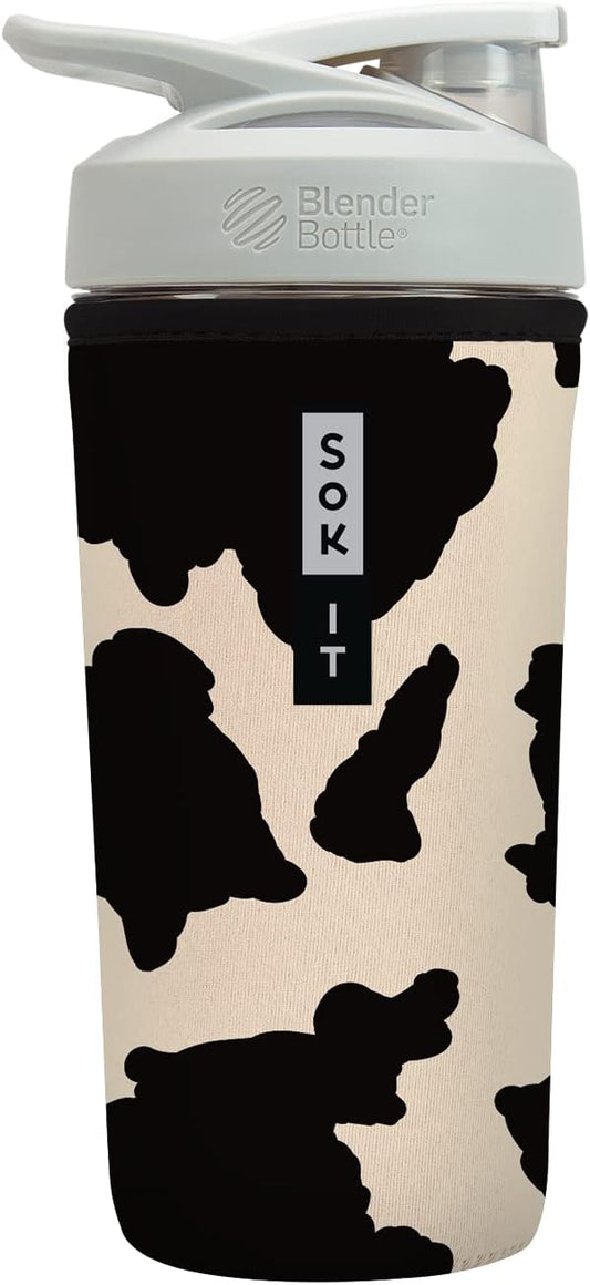 Sok It BotlSok Protein Blender Shaker Bottle Sleeve Insulated Neoprene Cover (Cow Print, Fits 28oz Blender)