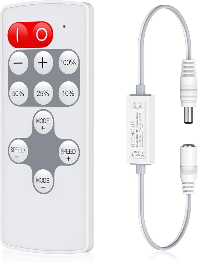 HitLights Mini RF Remote Controller for Single Color LED Strip Lights, DC 5-24V, 12-Key Wireless Dimmer with Dynamic Effect Mode, PWM Dimming Control, Ideal for Room, Home, Cabinet, DIY