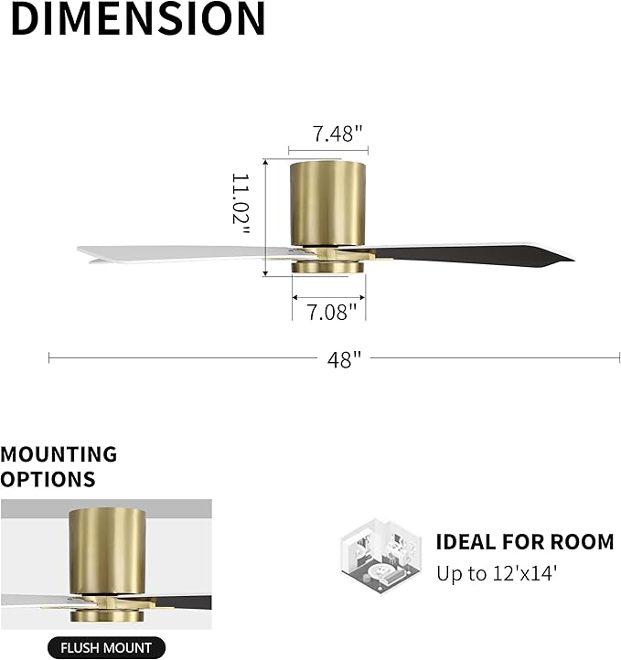 WINGBO 48" DC Flush Mount Ceiling Fan with Lights, 6-Speed Reversible DC Motor, 3CCT, Low Profile Hugger Ceiling Fan for Living Room Bedroom Kitchen, Brass Finish and Black/White Blades