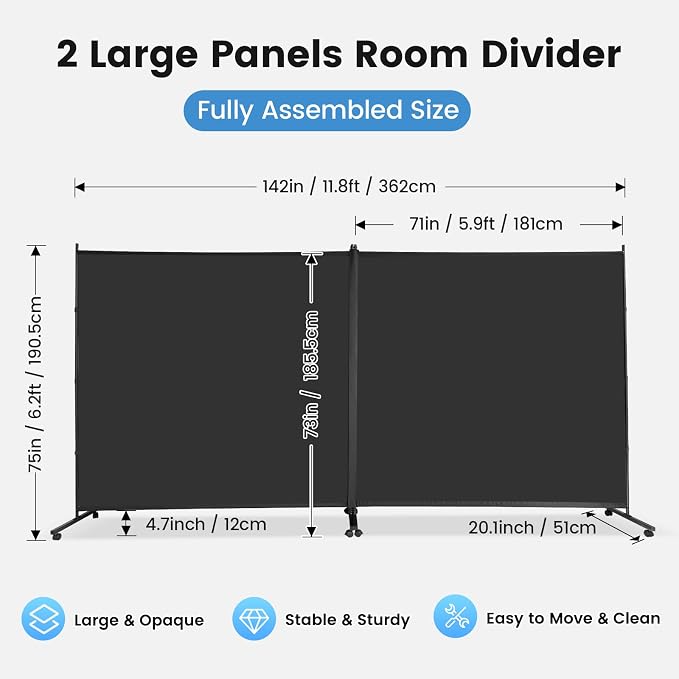 MAYOLIAH Indoor Room Divider 2 Large Panels on Wheels, Portable Wall Divider - Image 2