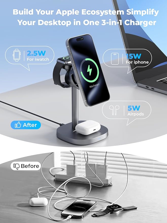 havit 3 in 1 Wireless Charging Station, Qi2 15W Cooling Magnetic Charging Stand, MagSafe Fast Wireless Charger for iPhone 17/16/15/14 Series, Apple Watch, AirPods, 45W Adapter Included