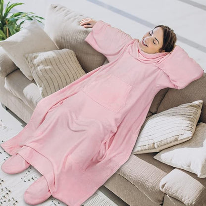 PAVILIA Fleece Blanket with Sleeves, Foot Pockets for Women Men Adults, Plush Wearable Blanket Throw Wrap, Warm Snuggle Blanket Robe, Cozy Gift Ideas Wife Mom, Light Pink
