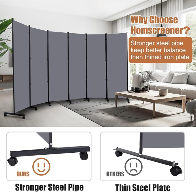 Room Divider 6FT Tall Folding Privacy Screens, 6 Panel Wall Divider w/Wheel | - Image 3