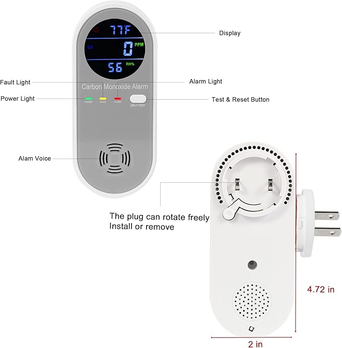 Plug in Carbon Monoxide Detector, Carbon Monoxide Alarm, 3-in-1 Real-time Digital Display CO Level, Fahrenheit(°F) & Humidity, Co Detector Monitor for Home,RV,Apartment