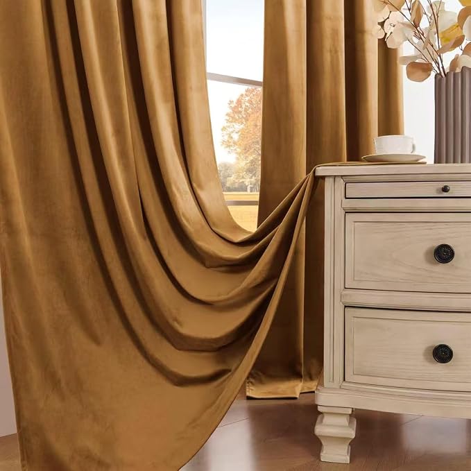 Timeper Gold Brown Velvet Curtains W62 x L84 inches 2 Panels, Light Blocking - Image 6