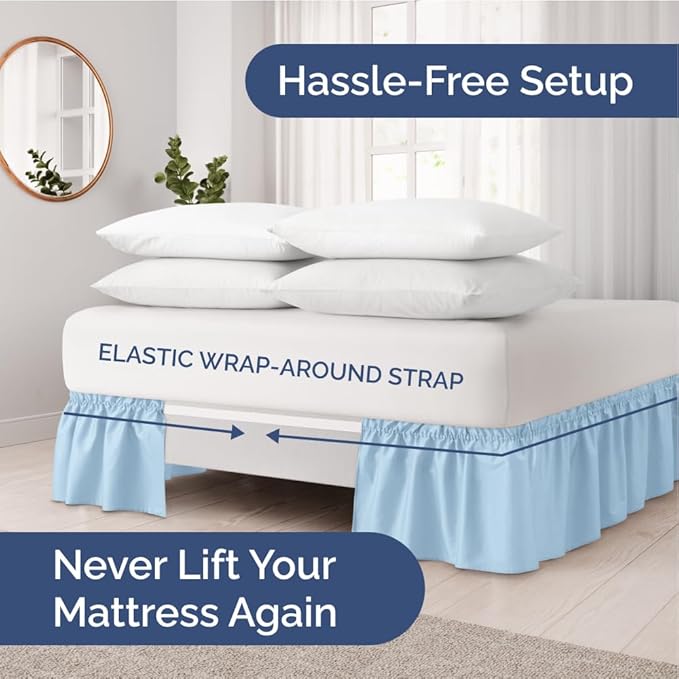 Wrap Around Dust Ruffle Bed Skirt - Light Blue - Twin/Twin XL Size Beds with 18 Inch Drop - Elastic Strap - Adjustable Pleated Bedskirt with Brushed Fabric and Wrinkle Free - Women, Men, Kids & Teens