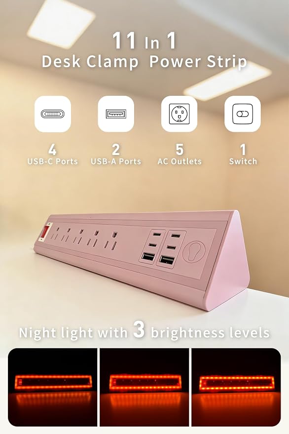 Desk Clamp Power Strip with Nightlight, 40W Fast Charging, 6FT Extension Cord - Image 2