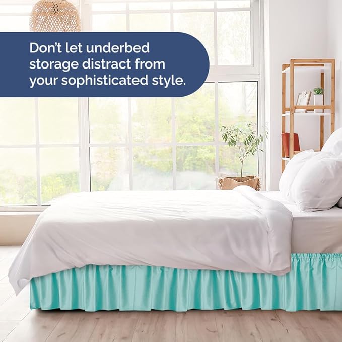 Wrap Around Dust Ruffle Bed Skirt - Spa Blue - for King Size Beds with 12 Inch Drop - Easy Fit Elastic Strap - Adjustable Pleated Bedskirt w/Brushed Fabric Wrinkle Free - for Women, Men, Kids & Teens
