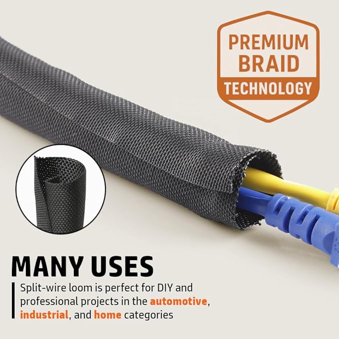 MGI SpeedWare Woven Mesh Split-Sleeve Wire Loom for High-Temperature Automotive Harness and Home Cable Management - 25 feet (1")