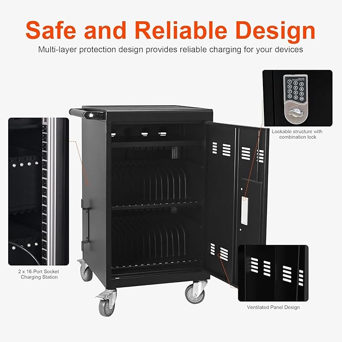 Aokleo 32 Devices Laptop Charging Cart with Password Lock,Tablet Storage Carts for Pad Up to 16.3" Screen,Classroom Computer Mobile Charging Station for Pads,Chromebooks,Laptops(Black - Password Lock)