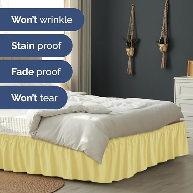 Wrap Around Dust Ruffle Bed Skirt - Yellow - for Full Size Beds with 12 Inch Drop - Easy Fit Elastic Strap - Adjustable Pleated Bedskirt w/Brushed Fabric - Wrinkle Free - for Women, Men, Kids & Teens