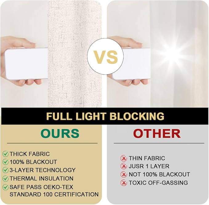 PrinceDeco Linen Blackout Curtains 108 Inch Blackout Curtains 100% Black Out Curtains Linen Look Patio Door Curtains for Sliding Glass Doors Extra Wide Thermal Insulated Drapes,W100 X L108 Inch, Ivory