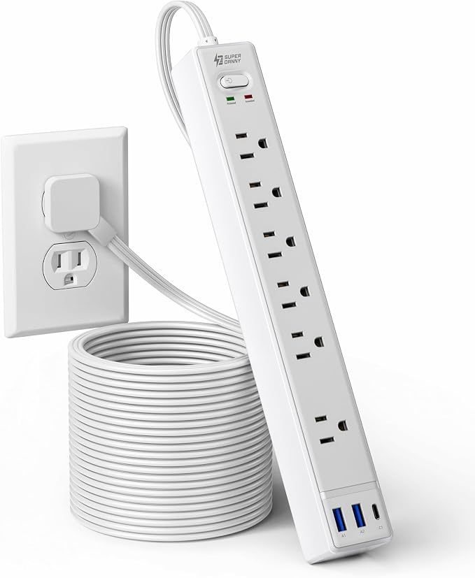 15Ft Long Extension Cord, SUPERDANNY Flat Plug Surge Protector Power Strip | 6 by SUPERDANNY