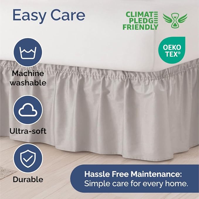 Wrap Around Dust Ruffle Bed Skirt - Light Grey - for Queen Size Beds with 24 Inch Drop - Elastic Strap - Adjustable Pleated Bedskirt with Brushed Fabric and Wrinkle Free - For Women, Men, Kids & Teens