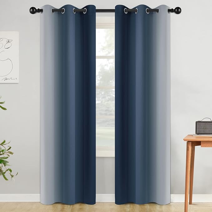 COSVIYA Grommet Room Darkening Ombre Navy Blue Curtains W42xL84 inch | Navy and - Image 2
