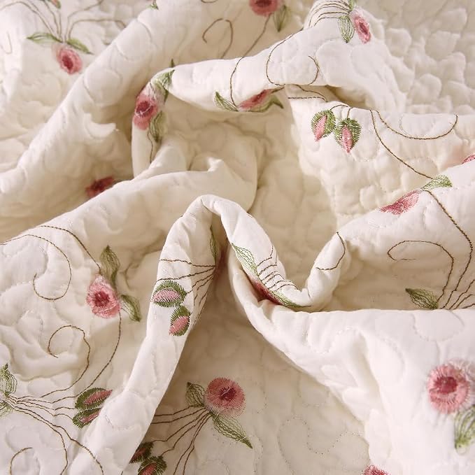 ROOMLIFE Quilt Set Twin Floral Leaves 3D Embroidery Pattern 2-Piece Cotton | - Image 2