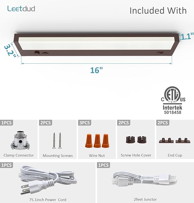 Leetdud Under Cabinet Lights Plug in or Hardwired Built-in Dimmer, 16 Inch 8W, 5CCT 2700K-5000K, Linkable Undercounter Lighting for Kitchen, ETL Dimmable LED Undercabient Light Fixture, Bronze